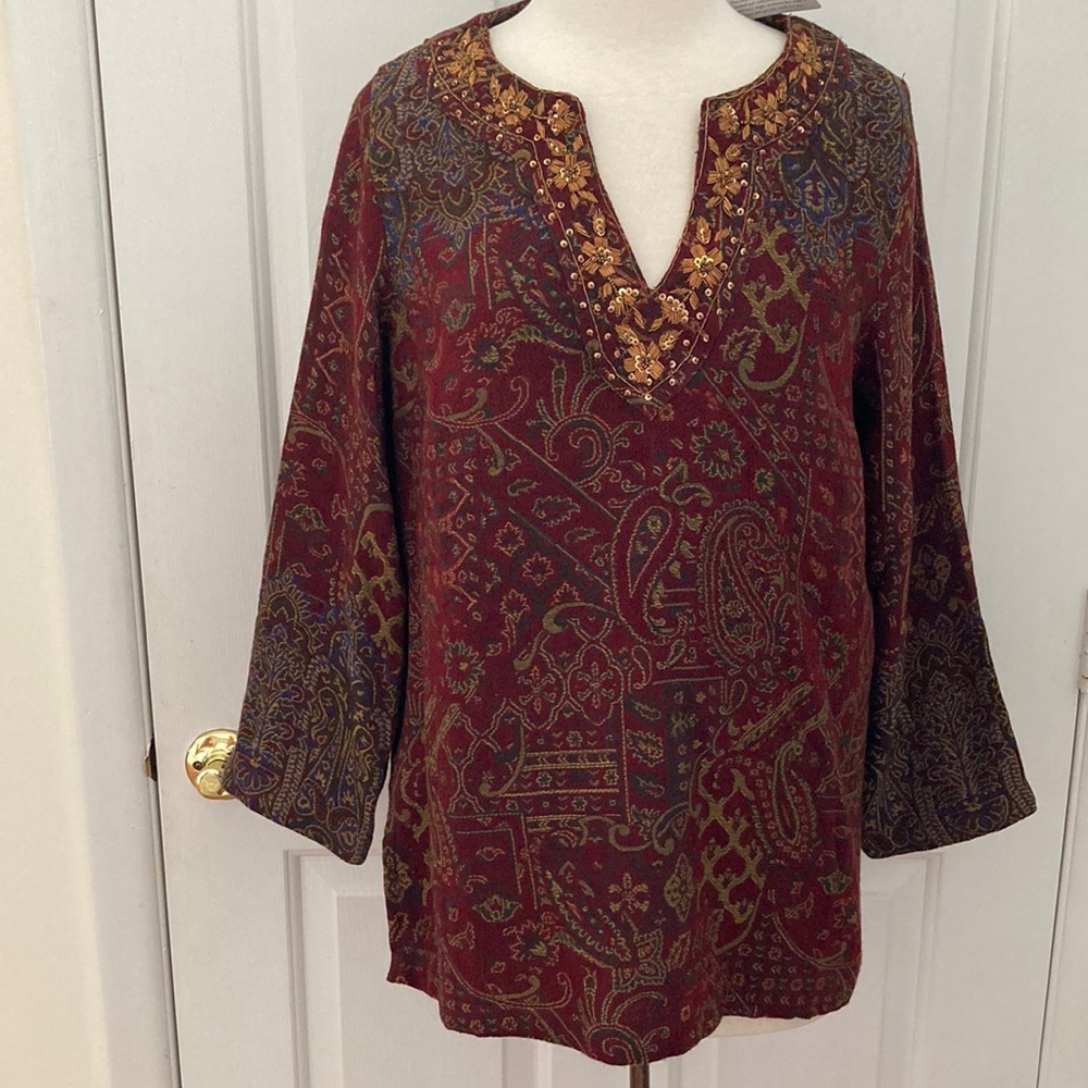 NWT Nikol beaded wine brocade tunic